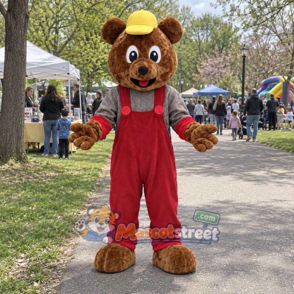 Brown Bear Mascot Costume with Red Overalls and Yellow Hat Brown Bear Mascot Costume with Red Overalls and Yellow Hat