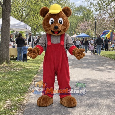 Brown Bear Mascot Costume with Red Overalls and Yellow Hat Brown Bear Mascot Costume with Red Overalls and Yellow Hat