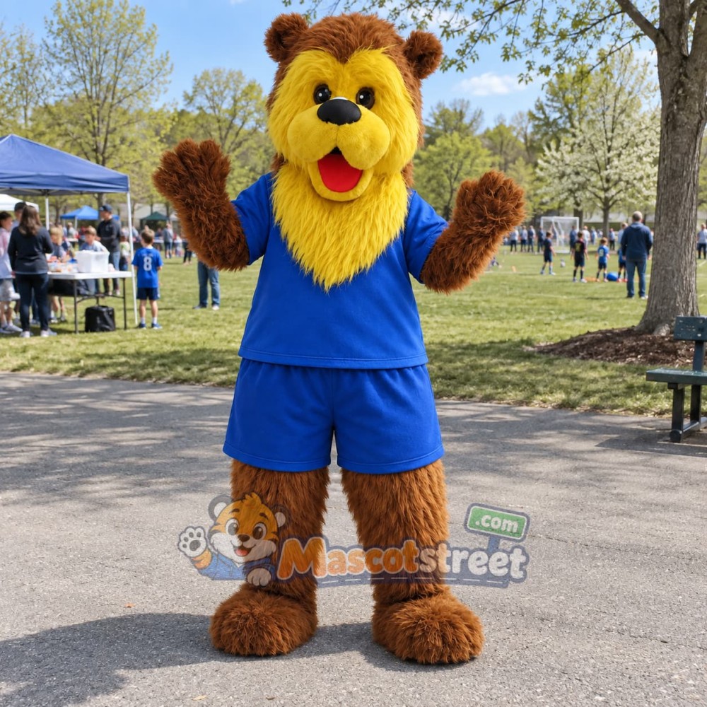 Brown Bear Mascot Costume with Blue Sports Uniform Brown Bear Mascot Costume with Blue Sports Uniform