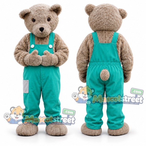 Gray Bear Mascot Costume with Teal Overalls