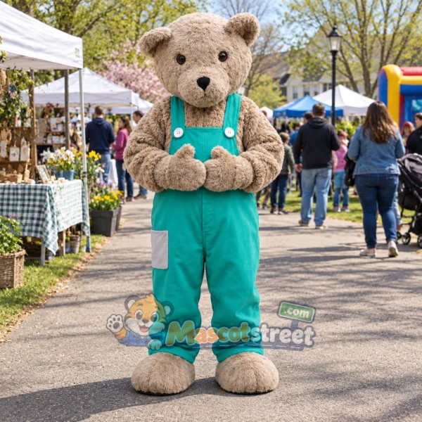 Gray Bear Mascot Costume with Teal Overalls