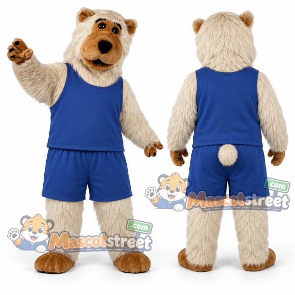 Beige Bear Mascot Costume with Blue Sports Uniform