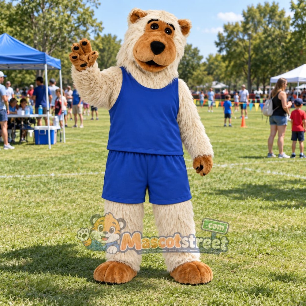 Beige Bear Mascot Costume with Blue Sports Uniform Beige Bear Mascot Costume with Blue Sports Uniform