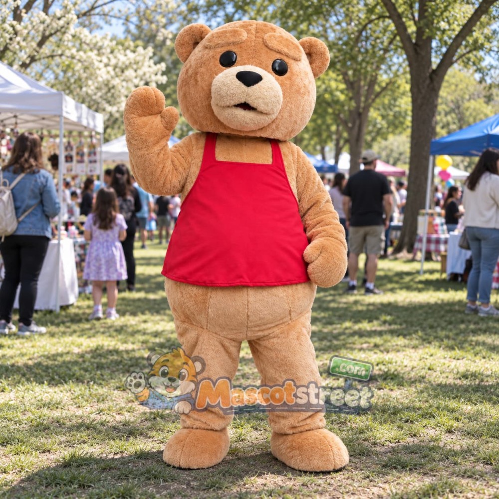 Tan Teddy Bear Mascot Costume with Red Shirt