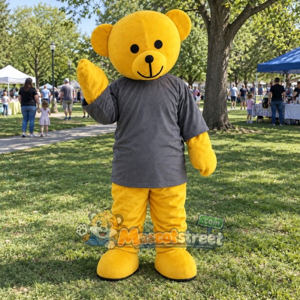 Yellow Bear Mascot Costume with Gray Shirt