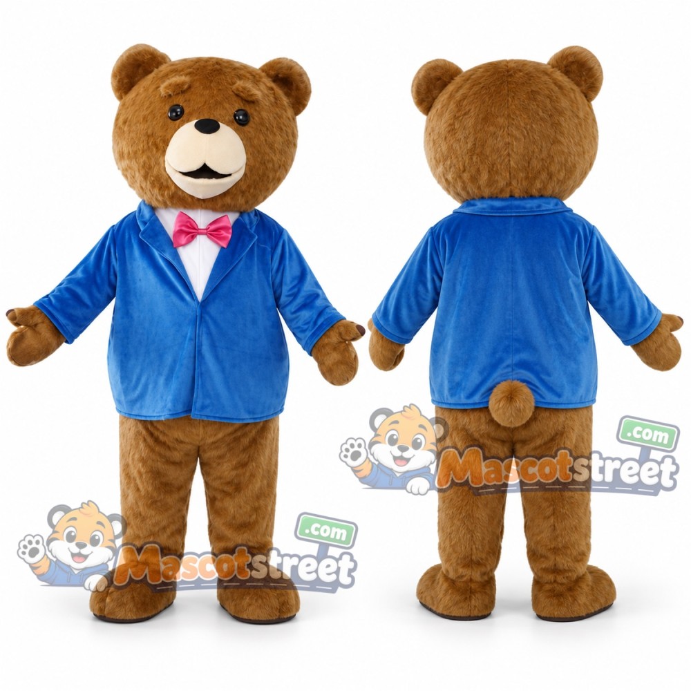 Brown Bear Mascot Costume with Blue Jacket and Bow Tie