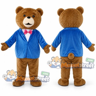 Brown Bear Mascot Costume with Blue Jacket and Bow Tie