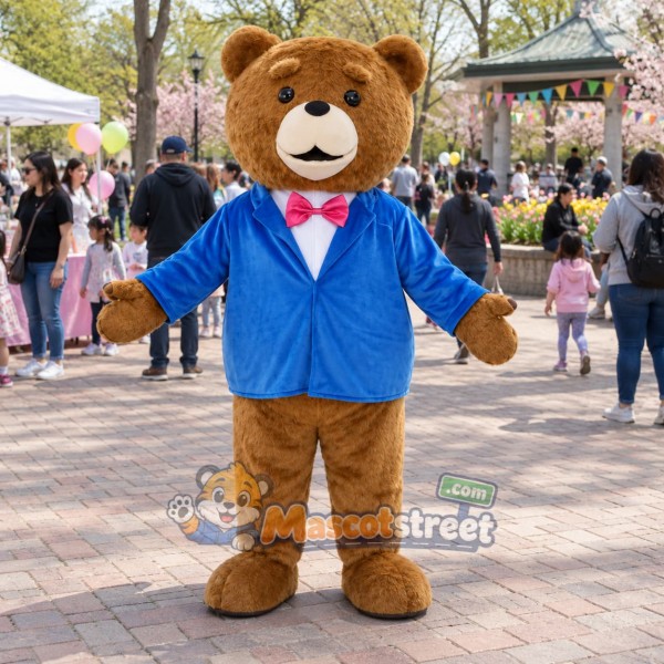 Brown Bear Mascot Costume with Blue Jacket and Bow Tie