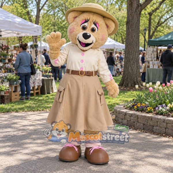 Beige Bear Mascot Costume with Tan Skirt and Hat