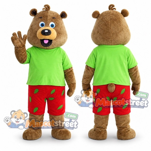 Brown Bear Mascot Costume with Green Shirt and Red Shorts
