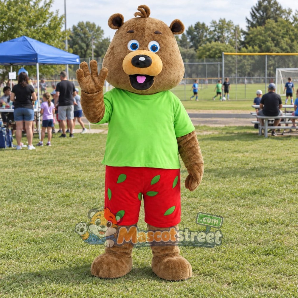 Brown Bear Mascot Costume with Green Shirt and Red Shorts Brown Bear Mascot Costume with Green Shirt and Red Shorts