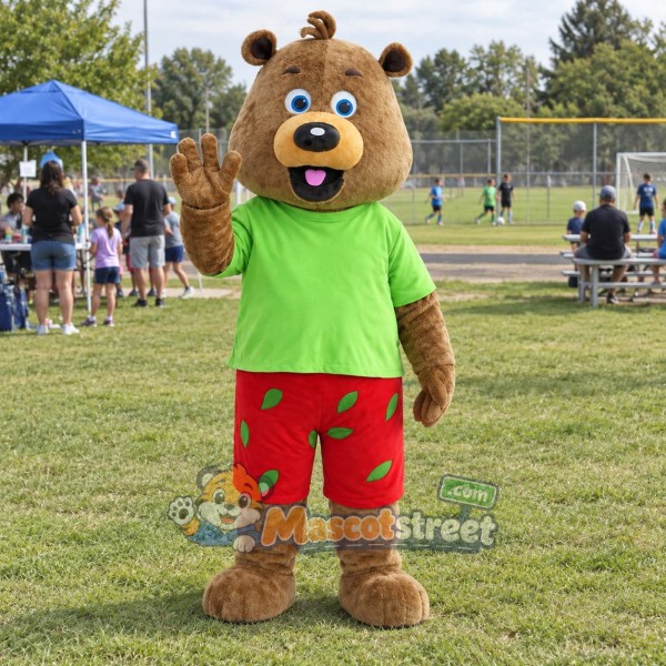 Brown Bear Mascot Costume with Green Shirt and Red Shorts