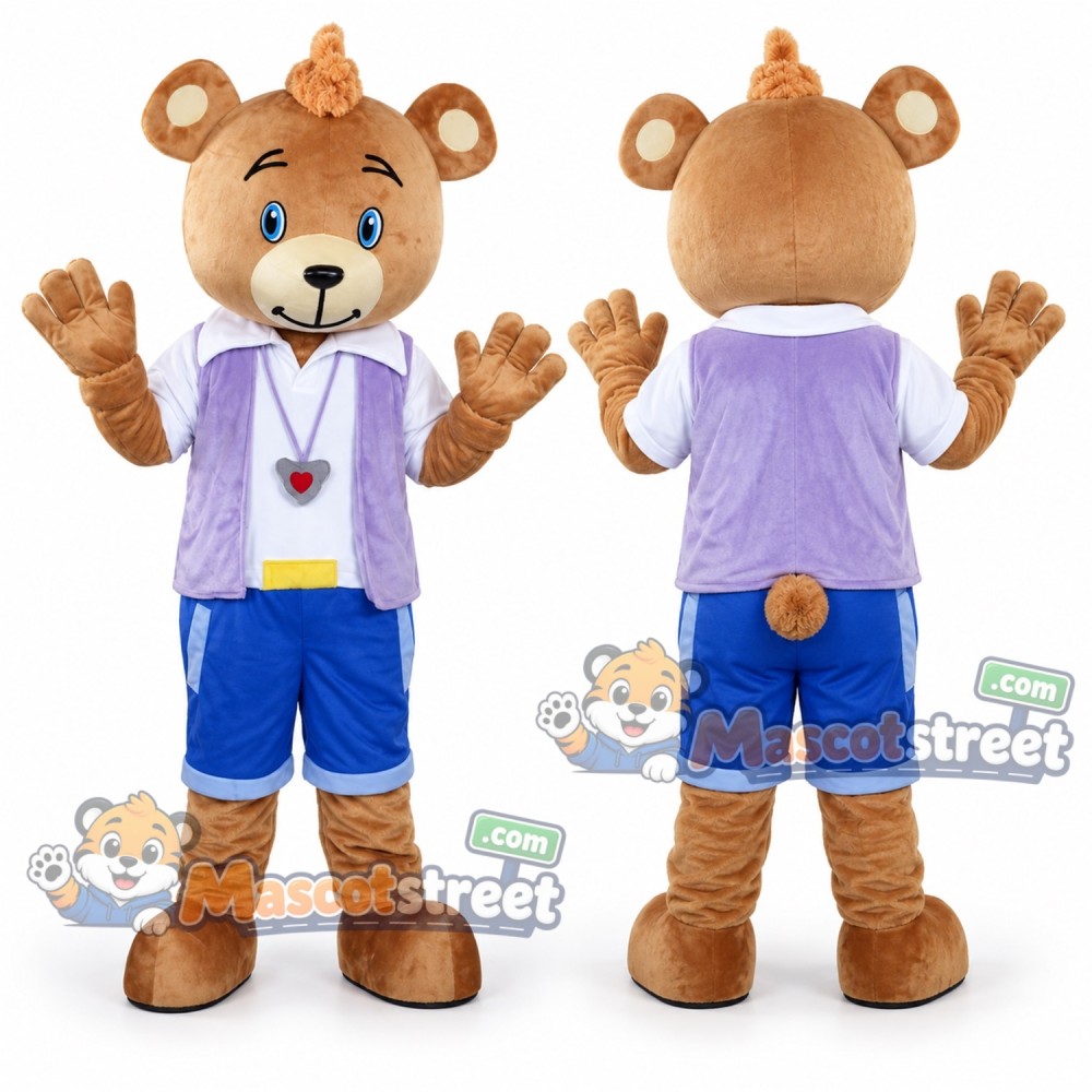 Tan Bear Mascot Costume with Purple Vest