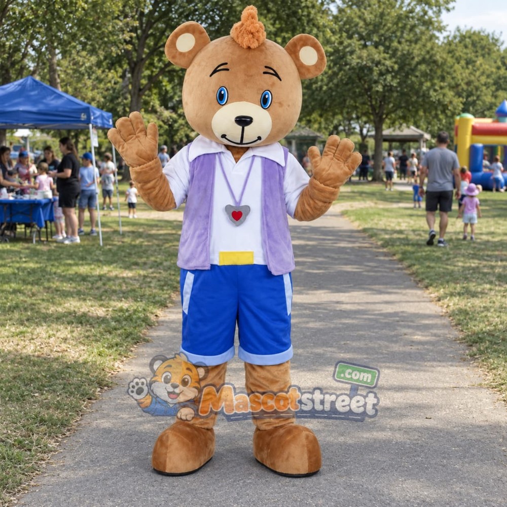 Tan Bear Mascot Costume with Purple Vest