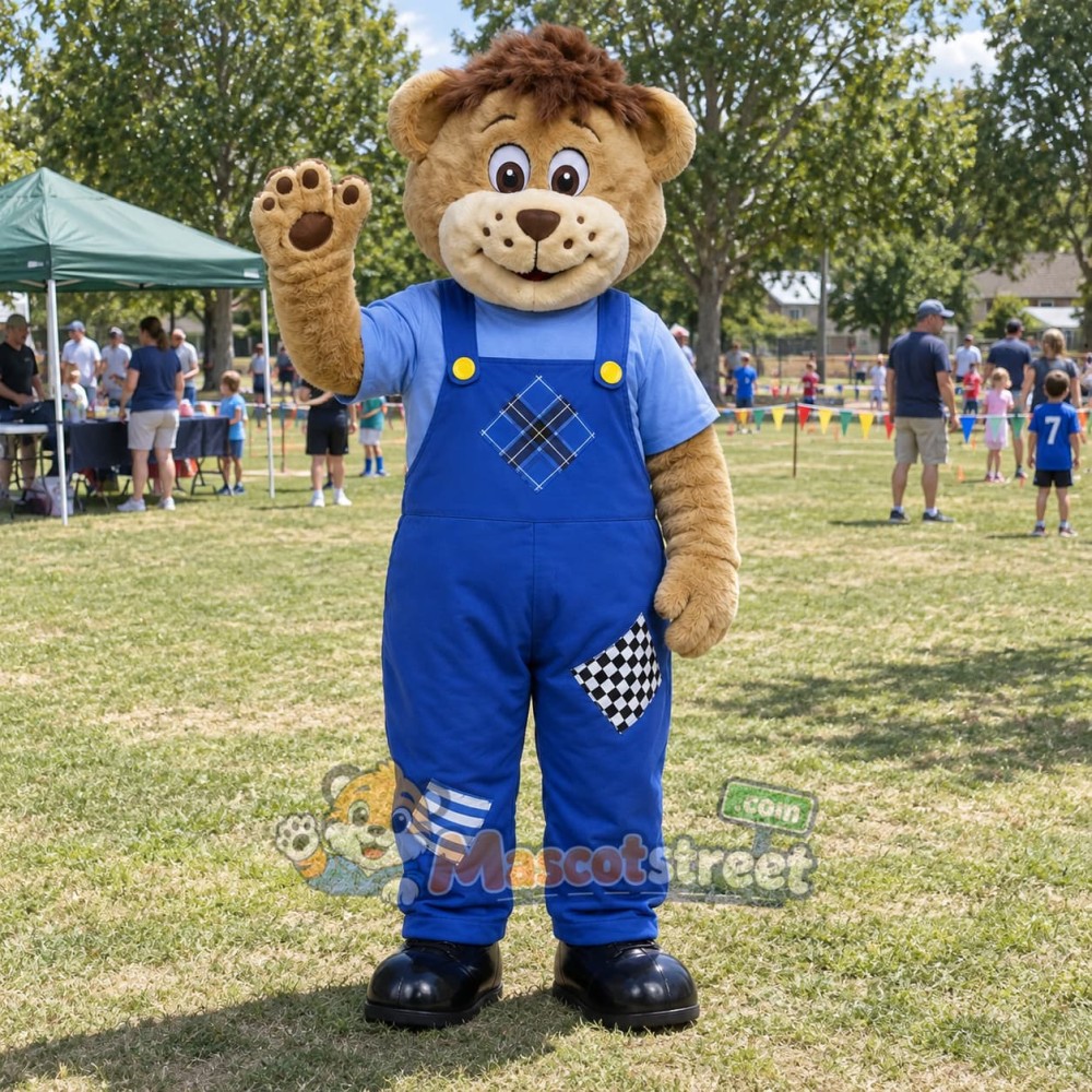 Brown Bear Mascot Costume with Blue Overalls