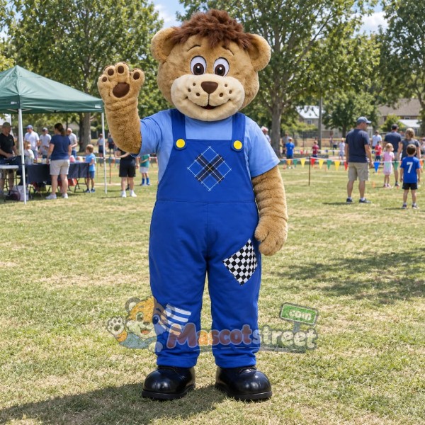 Brown Bear Mascot Costume with Blue Overalls