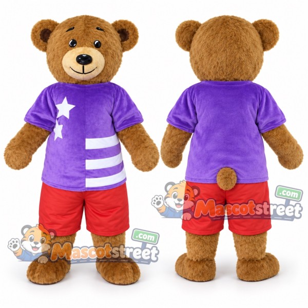 Brown Bear Mascot Costume with Purple Shirt and Red Shorts