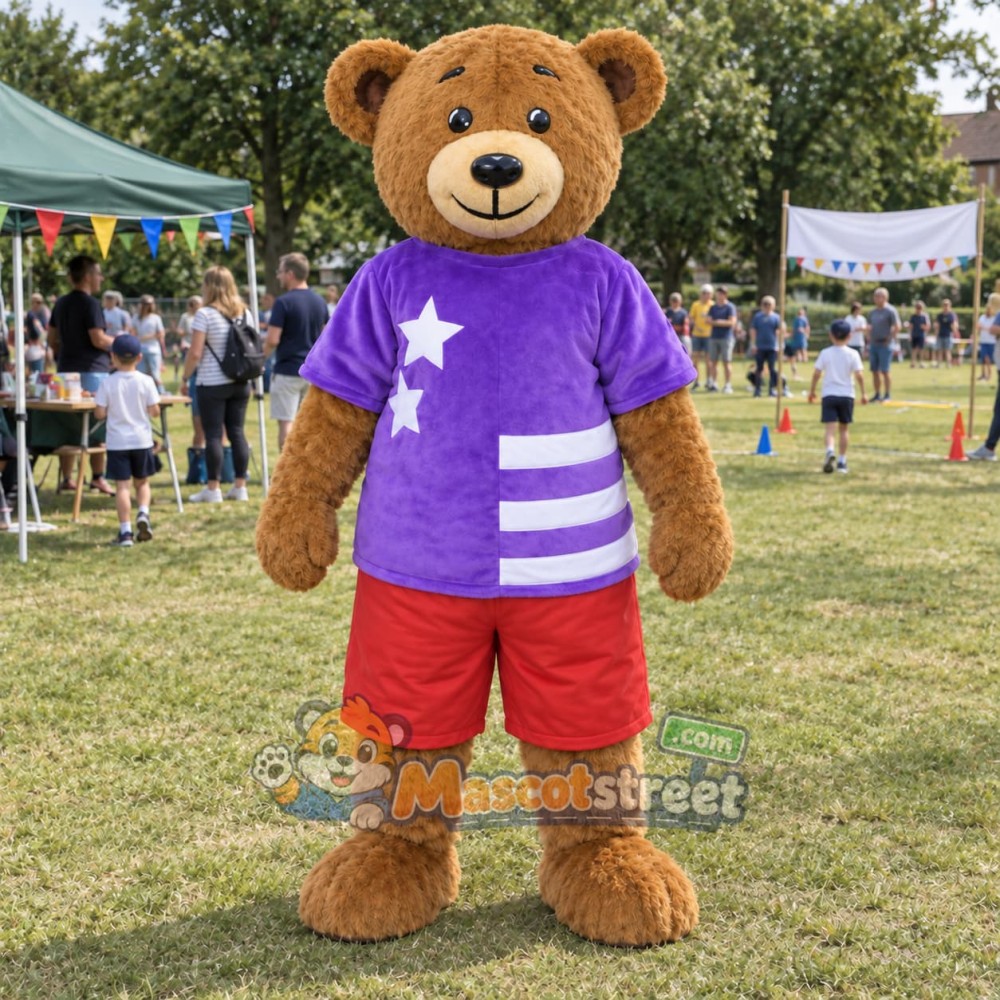 Brown Bear Mascot Costume with Purple Shirt and Red Shorts Brown Bear Mascot Costume with Purple Shirt and Red Shorts