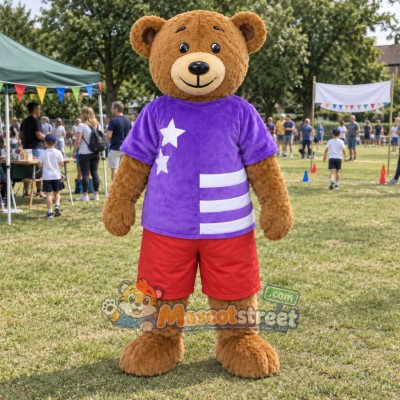 Brown Bear Mascot Costume with Purple Shirt and Red Shorts Brown Bear Mascot Costume with Purple Shirt and Red Shorts