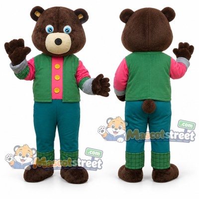 Brown Bear Mascot Costume with Green Vest and Pants Brown Bear Mascot Costume with Green Vest and Pants