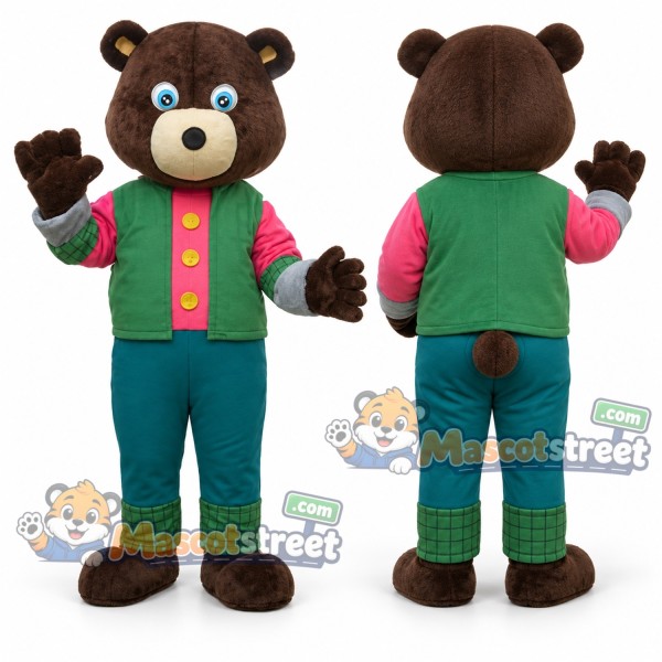 Brown Bear Mascot Costume with Green Vest and Pants