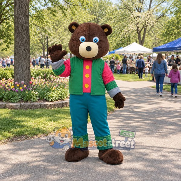 Brown Bear Mascot Costume with Green Vest and Pants