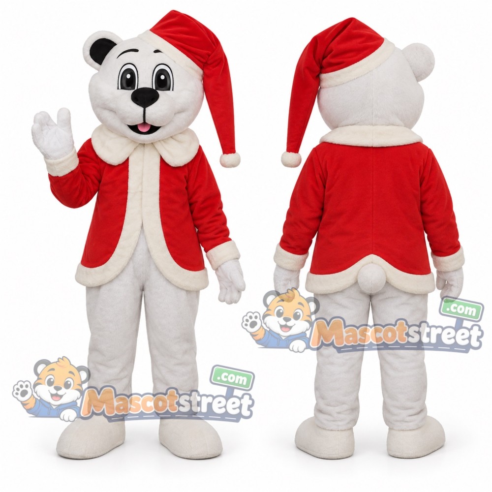 Polar Bear Mascot Costume with Santa Jacket and Hat