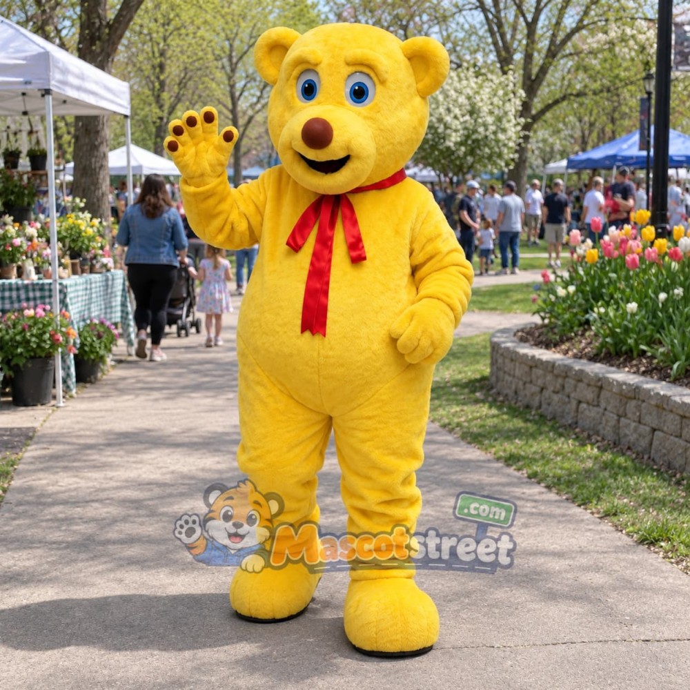 Yellow Bear Mascot Costume with Red Scarf Yellow Bear Mascot Costume with Red Scarf