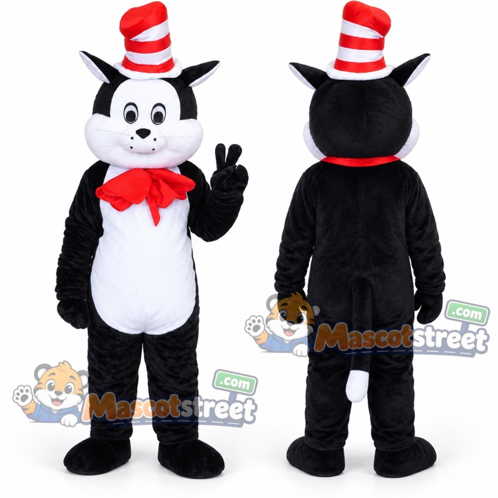 Black and White Cat Mascot Costume with Red and White Striped Top Hat Black and White Cat Mascot Costume with Red and White Striped Top Hat
