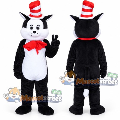Black and White Cat Mascot Costume with Red and White Striped Top Hat Black and White Cat Mascot Costume with Red and White Striped Top Hat