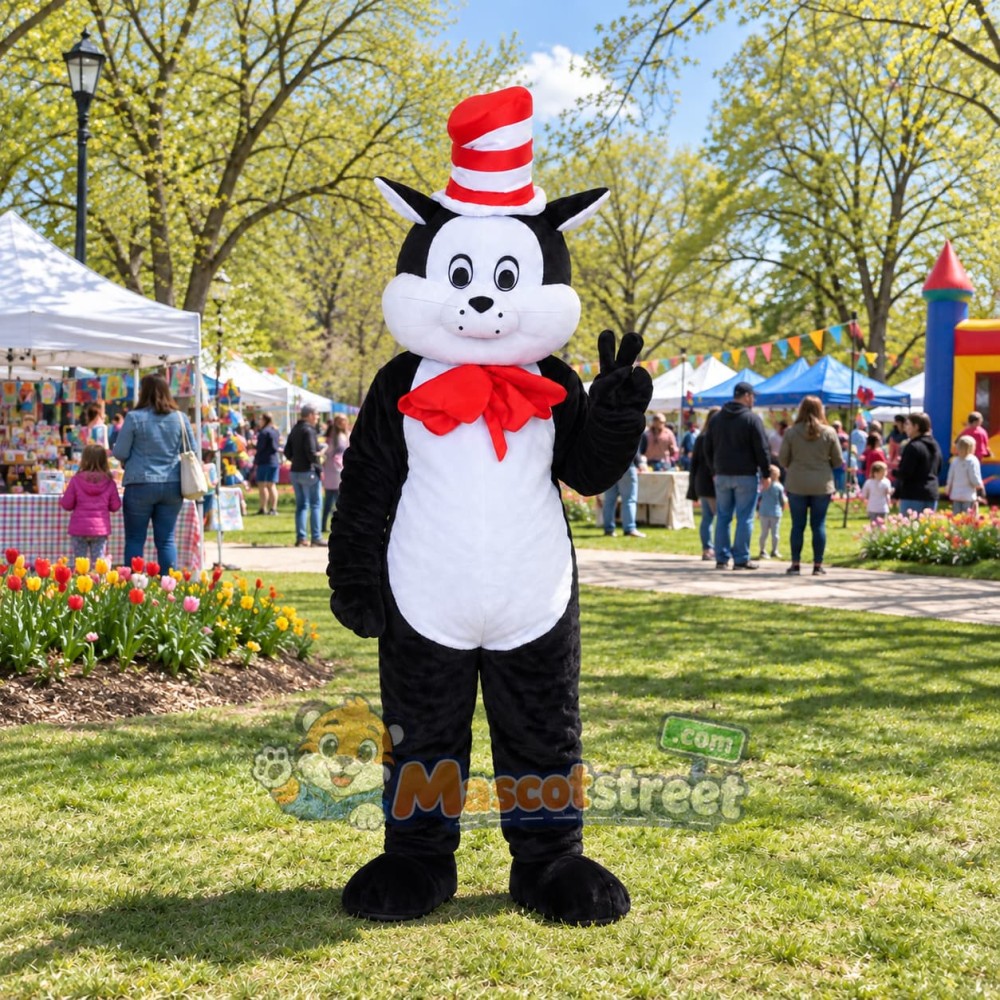 Black and White Cat Mascot Costume with Red and White Striped Top Hat Black and White Cat Mascot Costume with Red and White Striped Top Hat