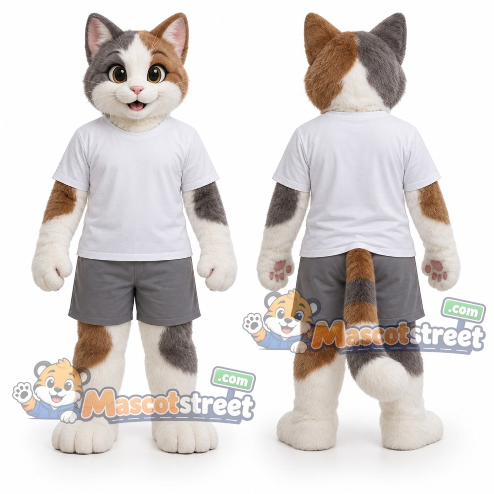 Gray and White Cat Mascot Costume with White Shirt Gray and White Cat Mascot Costume with White Shirt