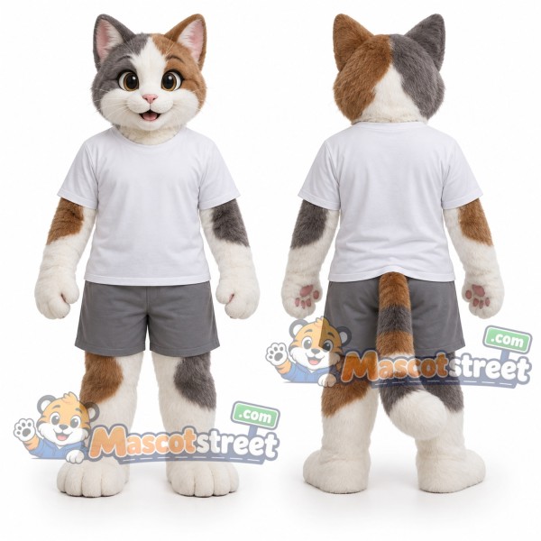 Gray and White Cat Mascot Costume with White Shirt