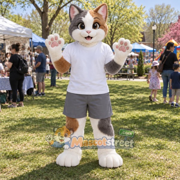 Gray and White Cat Mascot Costume with White Shirt