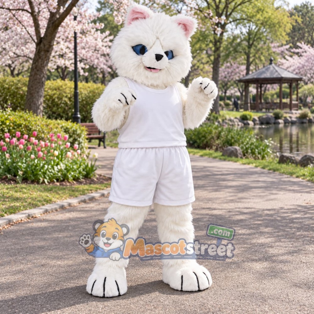 White Cat Mascot Costume with White Outfit White Cat Mascot Costume with White Outfit