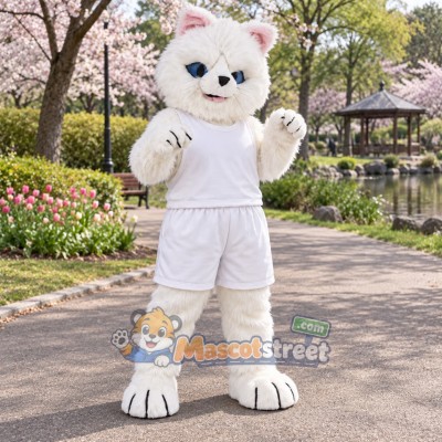 White Cat Mascot Costume with White Outfit White Cat Mascot Costume with White Outfit