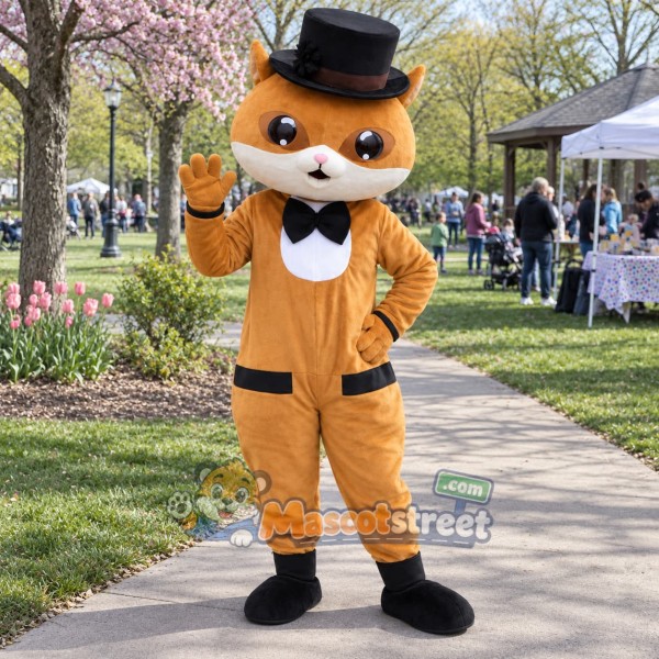 Orange Cat Mascot Costume with Black Top Hat and Bow Tie