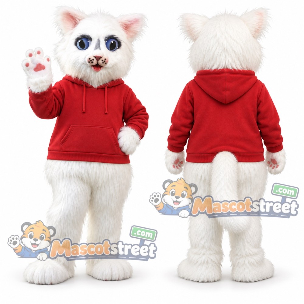 White Cat Mascot Costume with Red Hoodie White Cat Mascot Costume with Red Hoodie