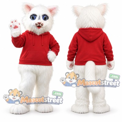 White Cat Mascot Costume with Red Hoodie White Cat Mascot Costume with Red Hoodie