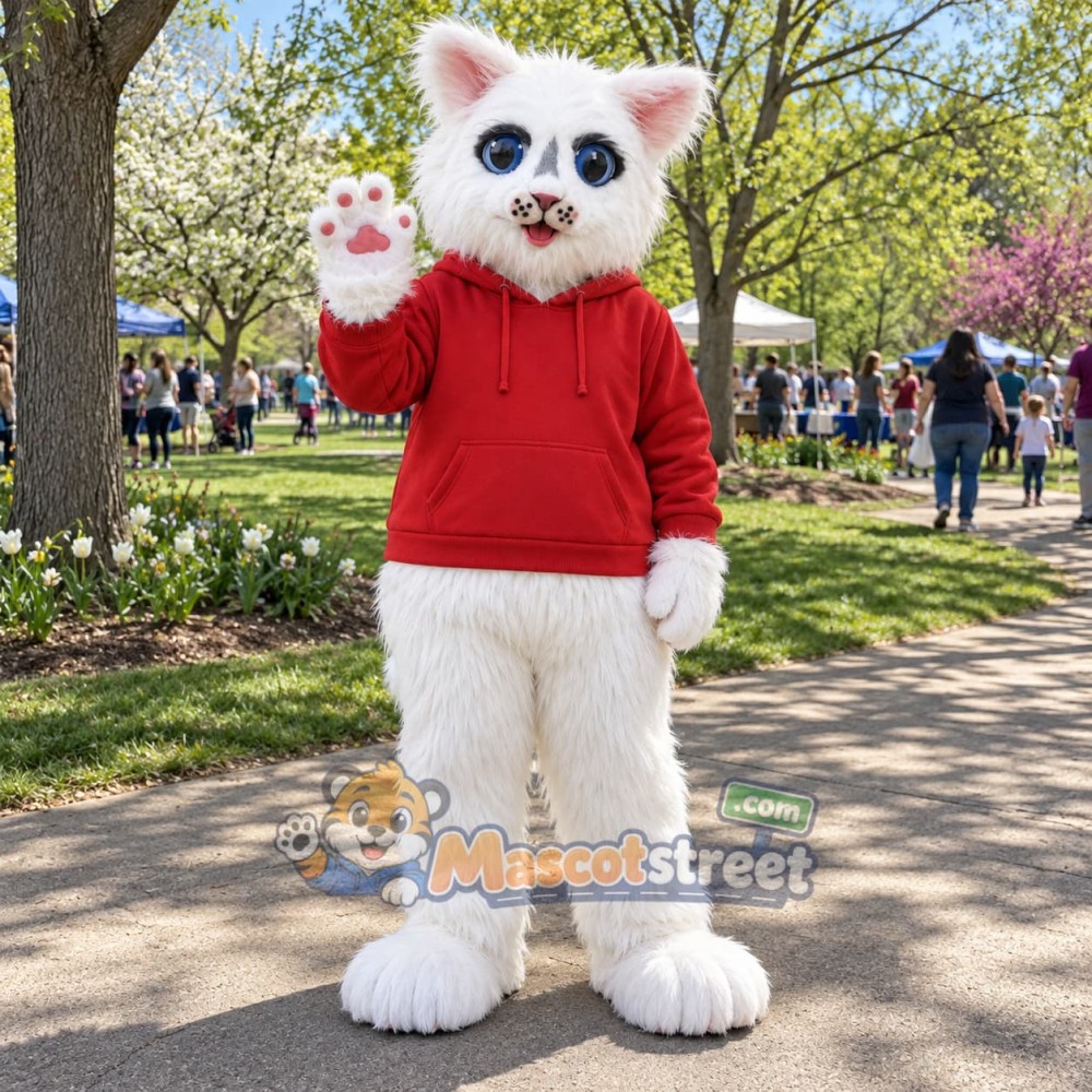 White Cat Mascot Costume with Red Hoodie White Cat Mascot Costume with Red Hoodie