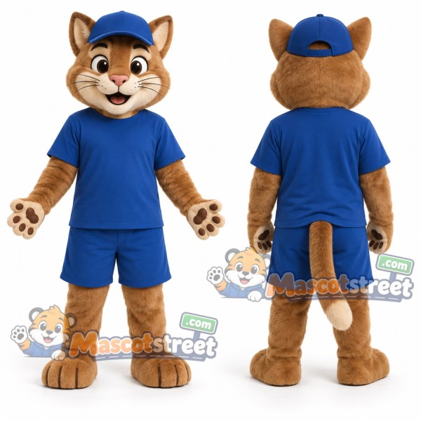 Tan Cat Mascot Costume with Blue Shirt and Cap