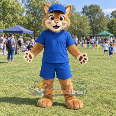 Tan Cat Mascot Costume with Blue Shirt and Cap Tan Cat Mascot Costume with Blue Shirt and Cap