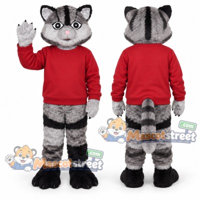 Gray Tabby Cat Mascot Costume with Red Shirt