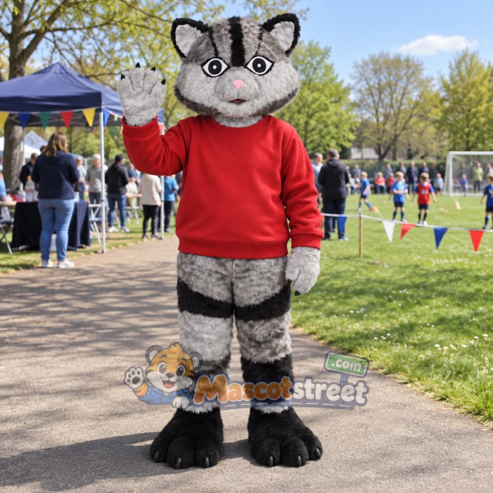 Gray Tabby Cat Mascot Costume with Red Shirt