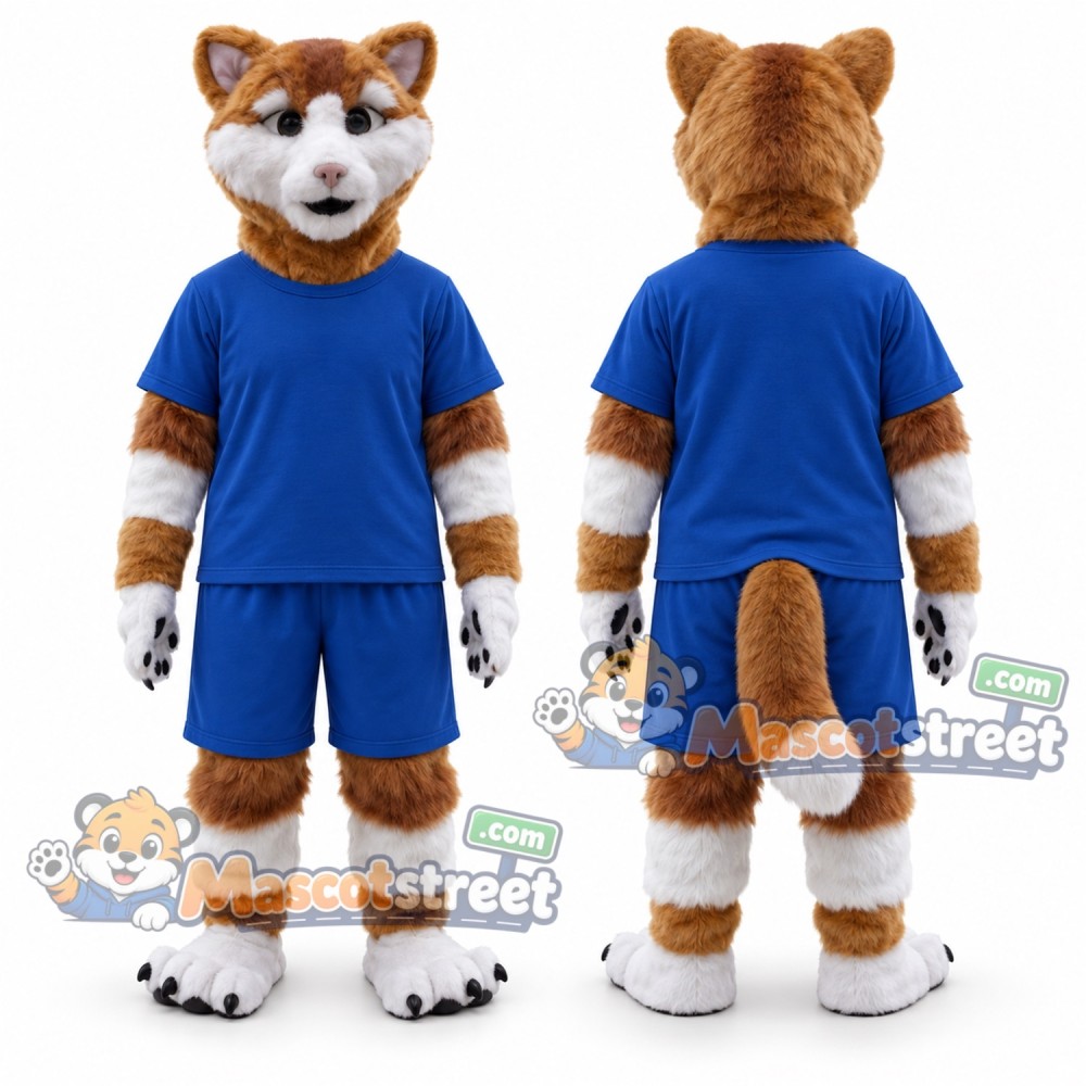 Orange and White Cat Mascot Costume with Blue Sports Uniform