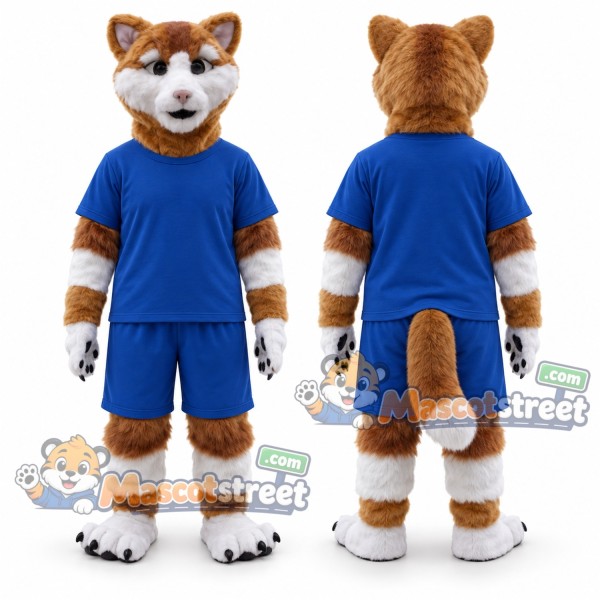 Orange and White Cat Mascot Costume with Blue Sports Uniform