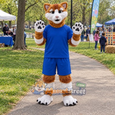 Orange and White Cat Mascot Costume with Blue Sports Uniform