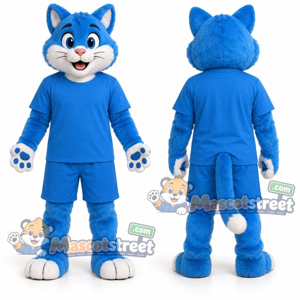 Blue Cat Mascot Costume with Blue Outfit Blue Cat Mascot Costume with Blue Outfit