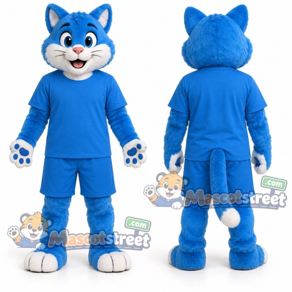 Blue Cat Mascot Costume with Blue Outfit