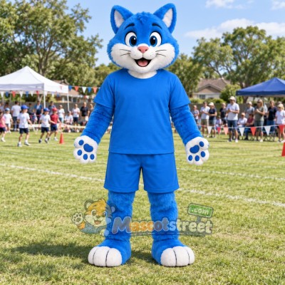 Blue Cat Mascot Costume with Blue Outfit Blue Cat Mascot Costume with Blue Outfit